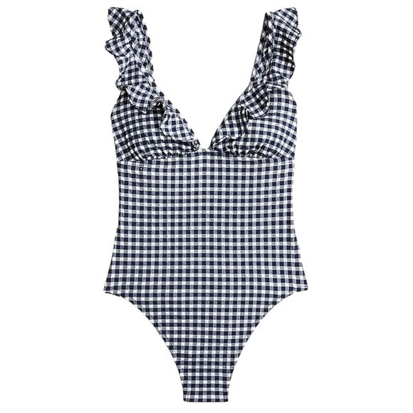 J. Crew Womens One Piece Swimsuit 22 Black White Ruffle Vneck Gingham Preppy - Picture 1 of 11
